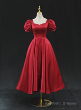 Burgundy Satin Short Sleeve Prom Dress